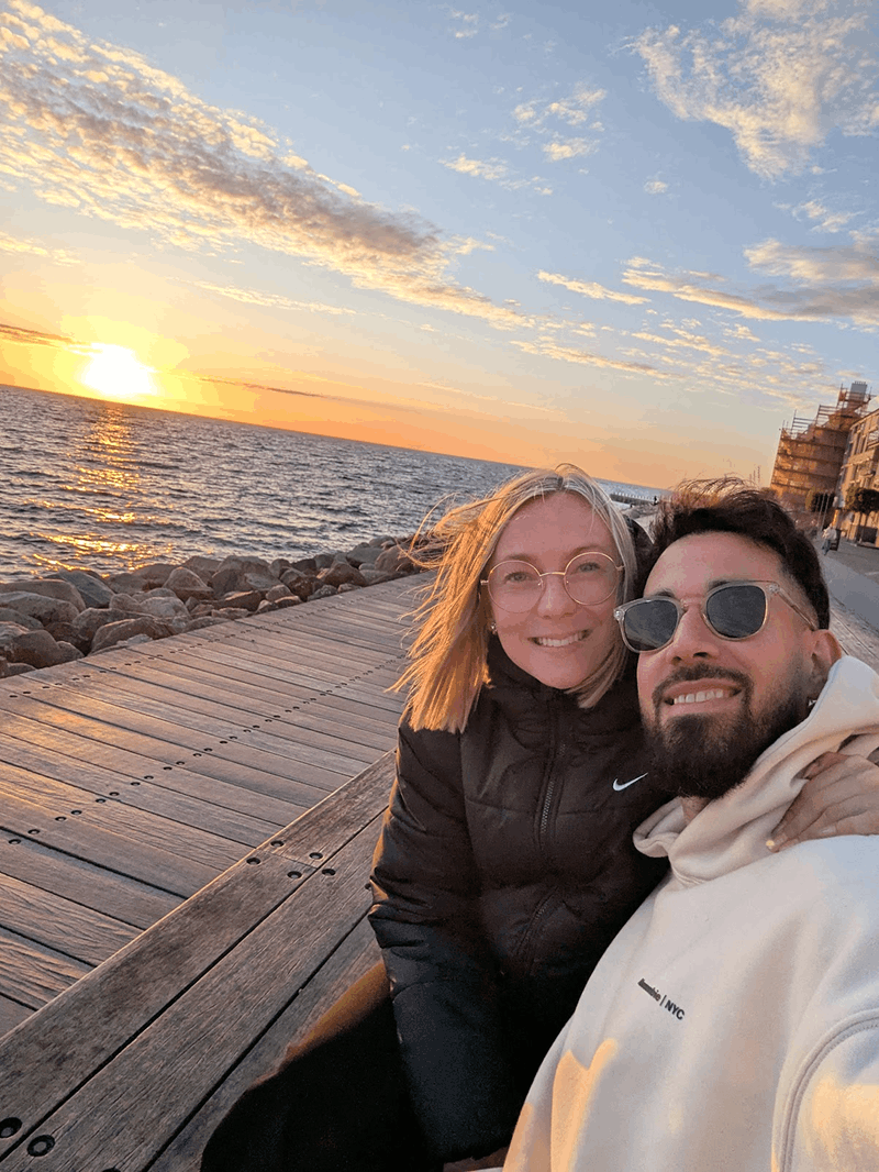 Fernando and his partner at sunset on the Malmö waterfront